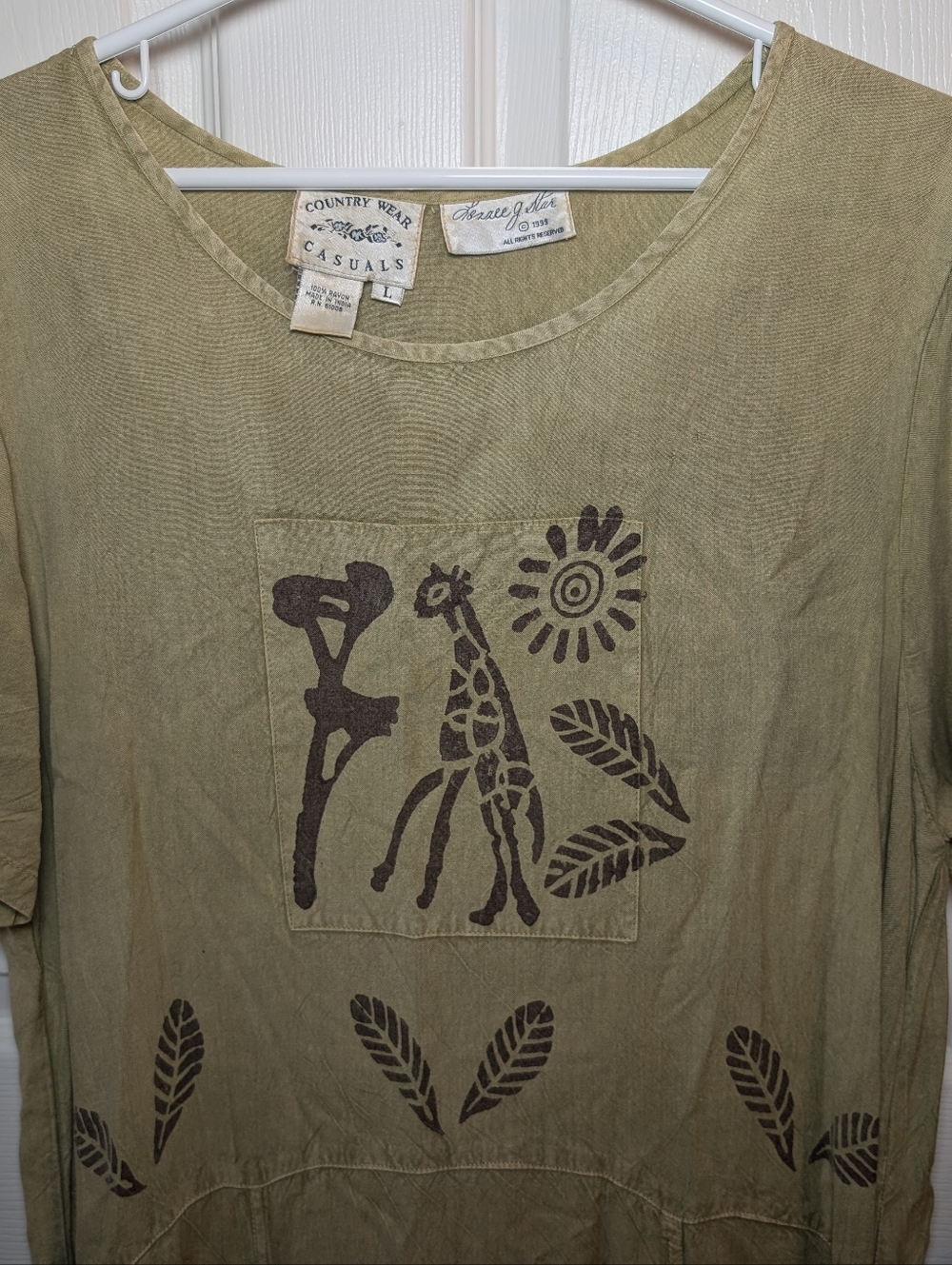 Vtg Country Wear Casuals Maxi Dress Safari Giraffe L Lonnie Star Giraffe Green